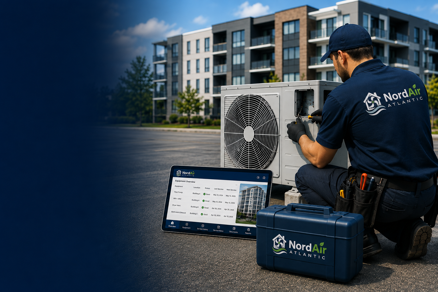NordAir technician servicing ventilation equipment at a multi-unit property with equipment overview tablet and branded toolbox